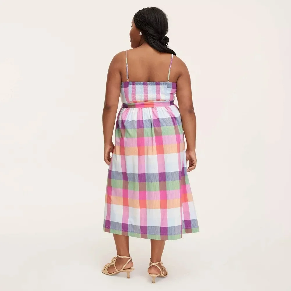 Kate‎ Spade Target Extra Large Plaid Tie-Waist Midi Dress XL Red/Pink/Green/Blue - Picture 2 of 7